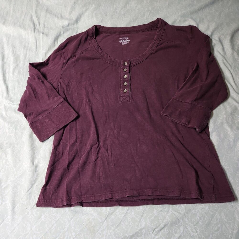 Cabelas Mens Henley Shirt XL Burgandy 100% Cotton Outdoor Hiking Fall Streetwear